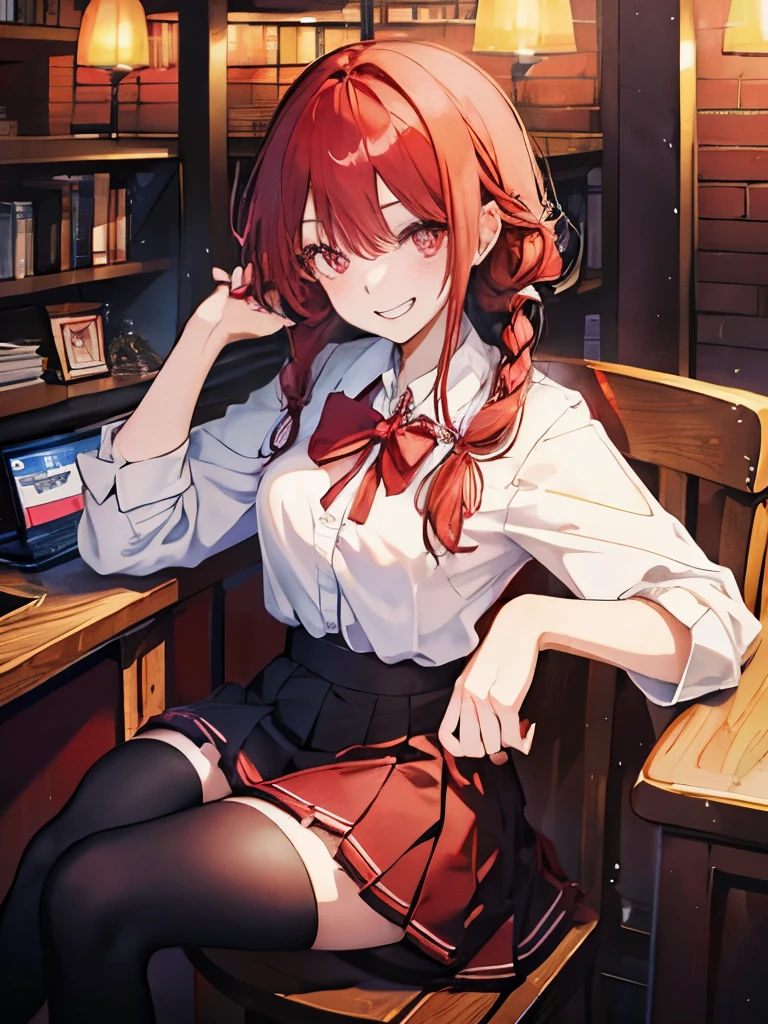 anime girl school uniform playing chess, grinning expression, in the library, wearing glass, braided twin tails, black eyes, red crimson demon like pupils, masterpiece, high quality, best quality, playing chess, sitting on the chair, facing the chessboard