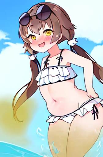 highest quality、masterpiece、high resolution、solo、{hifumi_bluearchive:1.15}、long hair、twin tails、ローtwin tails、yellow eyes、light brown hair、blush、open your mouth、bangs、smile、clavicle、1 girl、bikini、Day、wears glasses on head、frills付きbikini、frills、null、sunglasses、swimsuit、白bikini、cloud、belly button、outdoor、青null、Ocean、women stink、fart、embarrassing、My stomach is growling、Gas comes out of the butt、Hip Attack