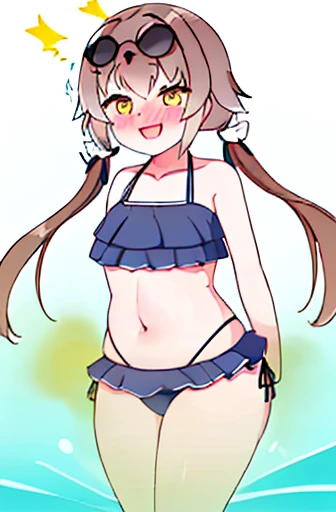highest quality、masterpiece、high resolution、solo、{hifumi_bluearchive:1.15}、long hair、twin tails、ローtwin tails、yellow eyes、light brown hair、blush、open your mouth、bangs、smile、clavicle、1 girl、bikini、Day、wears glasses on head、frills付きbikini、frills、null、sunglasses、swimsuit、白bikini、cloud、belly button、outdoor、青null、Ocean、women stink、fart、embarrassing、My stomach is growling、Gas comes out of the butt、Hip Attack