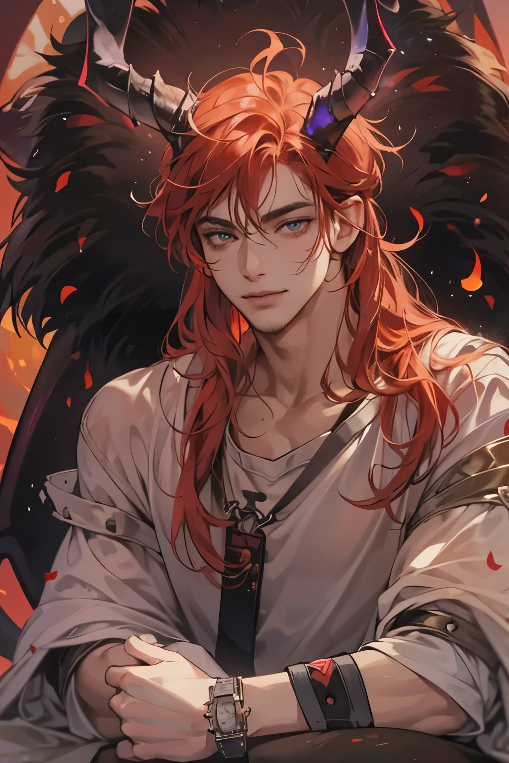 (table top, digital art, digital illustration, 4K, 8K, super detailed, beautiful images, clear image, realistic, RAW photo, perfect face, perfect lines, perfect eyes, soft lighting) 1 male human, (Red hair、long hair、amber eyes,messy hair、Bullish look,Smile confidently、Demons、Black horned、32 years old:1.3),ハンサムなmale性, (baggy t-shirt、muscular、macho,Firm shoulder width, male:1.2),Sit on a throne with your legs crossed
