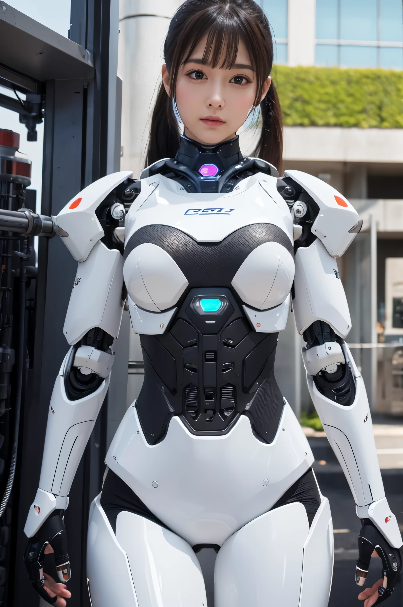 masterpiece, best quality, extremely detailed, (8K, 4K, Best Quality, hight resolution, 超A high resolution:1.1), 8K portrait,1girl in, Japaese android girl,android teacher,Plump , control panels,android,Droid,Mechanical Hand, ,Robot arms and legs, Black hair,Mechanical body,Blunt bangs,White Robotics Parts,perfect robot woman,Charging spot,Long Tube,A thick cable was connected to her neck,ceramic body ,android,robot humanoid,a bit chubby,panty,full eyes,perfect mechanical body,white robotics body,future assembly plant,white body,She has repaired,black sponge joints,android assembly plant,android,laboratory,perfect machine body,white robot body,low ponytail(low ponytail:1.4)