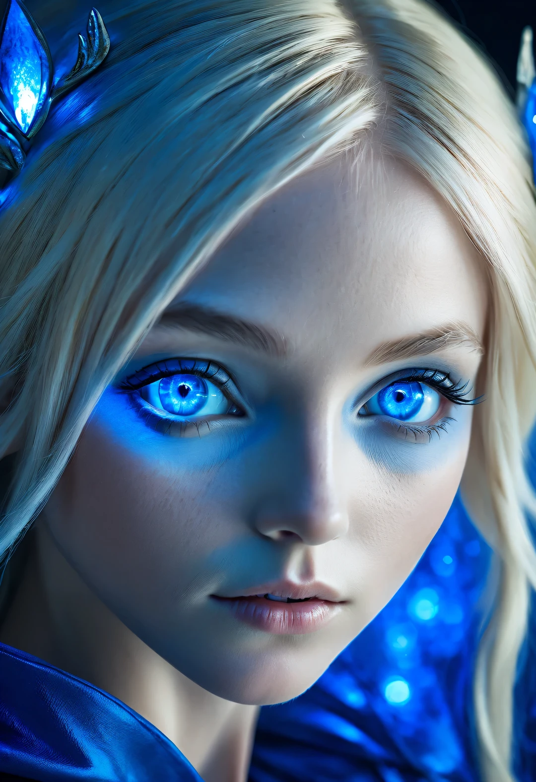 Charming closeup portrait of nordic elf, Blonde hair, blue eyes, Exceptionally beautiful, minimalist, eternal melancholy, Stylish photography style, Dramatic firefly light, sapphire blue to sapphire blue, Asymmetrical composition, concept fantasy, intricate details 