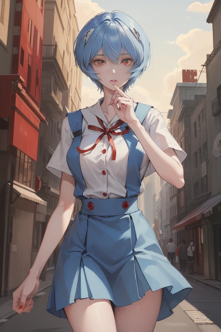 reiayanami, rei ayanami,whole body,Spreading legs and showing crotch Blue hair, short hair, (red eyes:1.5),
break blue dress, dress, neck ribbon, pinafore dress, red ribbon, ribbon, school uniform, short sleeve, short-sleeved sweater, sweater,
break outdoors, city,
break looking at viewer,
break (masterpiece:1.2), highest quality, High resolution, unity 8k wallpaper, (figure:0.8), (beautiful and fine eyes:1.6), highly detailed face, perfect lighting, Very detailed CG, (perfect hands, perfect anatomy),