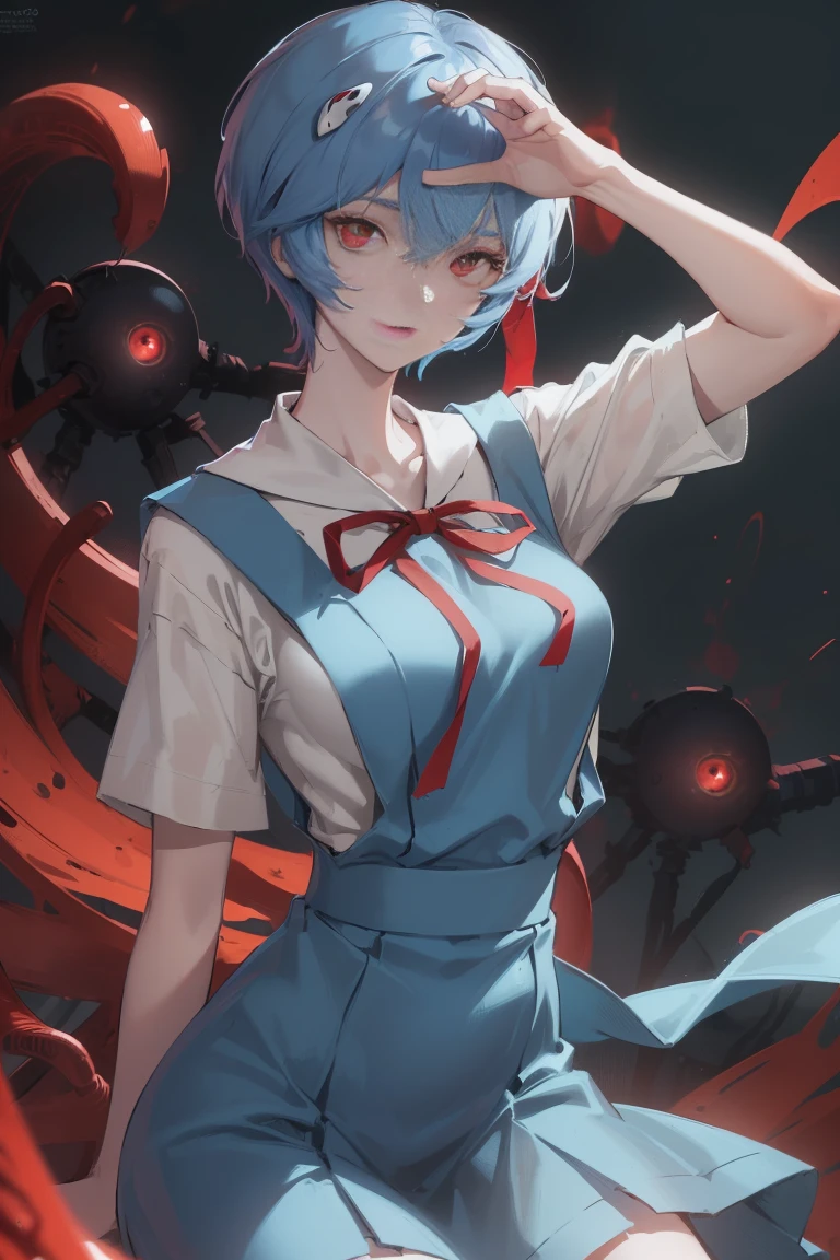 reiayanami, rei ayanami,whole body,Spreading legs and showing crotch Blue hair, short hair, (red eyes:1.5),
break blue dress, dress, neck ribbon, pinafore dress, red ribbon, ribbon, school uniform, short sleeve, short-sleeved sweater, sweater,
break outdoors, city,
break looking at viewer, 
break (masterpiece:1.2), highest quality, High resolution, unity 8k wallpaper, (figure:0.8), (beautiful and fine eyes:1.6), highly detailed face, perfect lighting, Very detailed CG, (perfect hands, perfect anatomy),