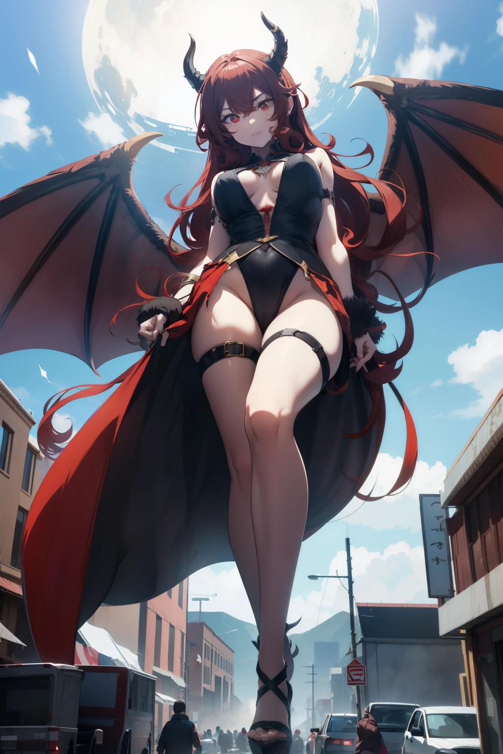 giant girl 50,000 feet high，Have a pair of long legs，Possessing a pair of huge blood-red demon wings，And a pair of blood-red devil eyes，Has blood-red waist-length hair，Loose hair，Wearing a pair of high heellood red curly hair，Holding a demon sword，A look of enjoyment，Standing tall in a small town crowded with people, destroying them wantonly，It seems like an invincible existence