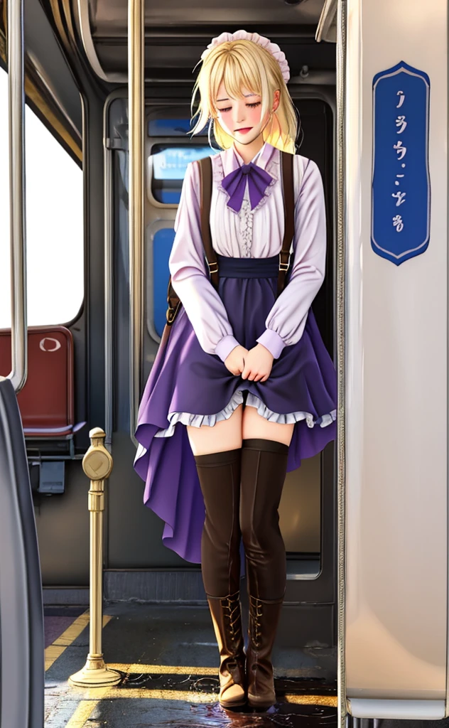 violet evergarden, peeing herself, peeing, peeing self, very desperate to pee, at a train station, full face blush, sad, crying, flustered, pubic hair, black stockings, brown boots, holding small briefcase, long dress, ruffled panties, peeing, peeing self, peeing, peeing self, pee puddle, puddle of her own urine  forming around her feet, platinum blonde hair,