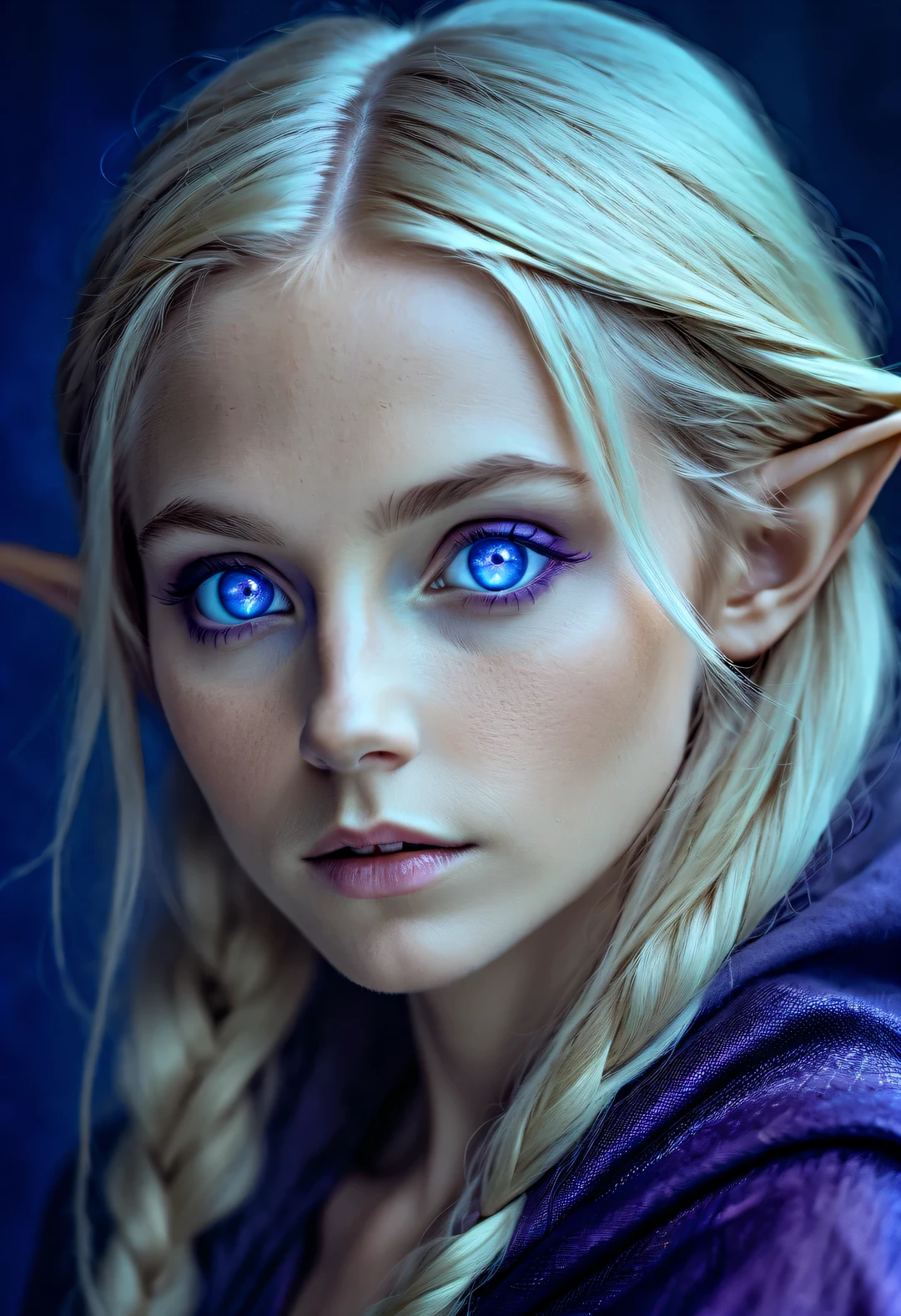 Charming closeup portrait of nordic elf, Blonde hair, blue eyes, Exceptionally beautiful, minimalist, eternal melancholy, Stylish photography style, Dramatic firefly light, purple to purple, Asymmetrical composition, concept fantasy, intricate details 