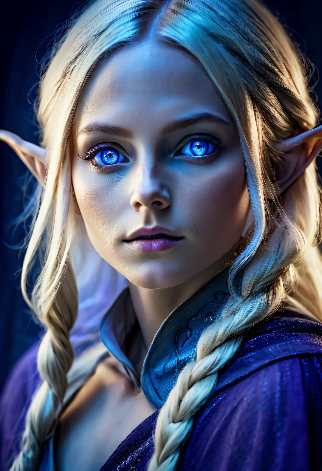 Charming closeup portrait of nordic elf, Blonde hair, blue eyes, Exceptionally beautiful, minimalist, eternal melancholy, Stylish photography style, Dramatic firefly light, purple to purple, Asymmetrical composition, concept fantasy, intricate details 