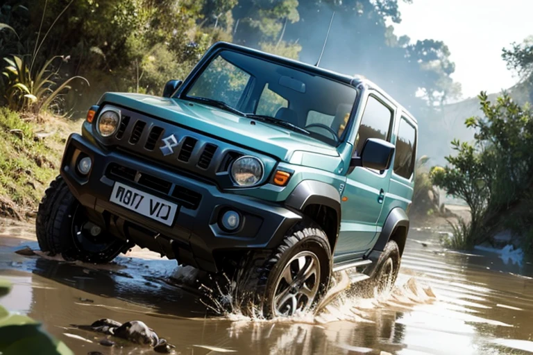suzuki jimny, driving through deep mud, ((off road route, car submerged in mud)), mud spread