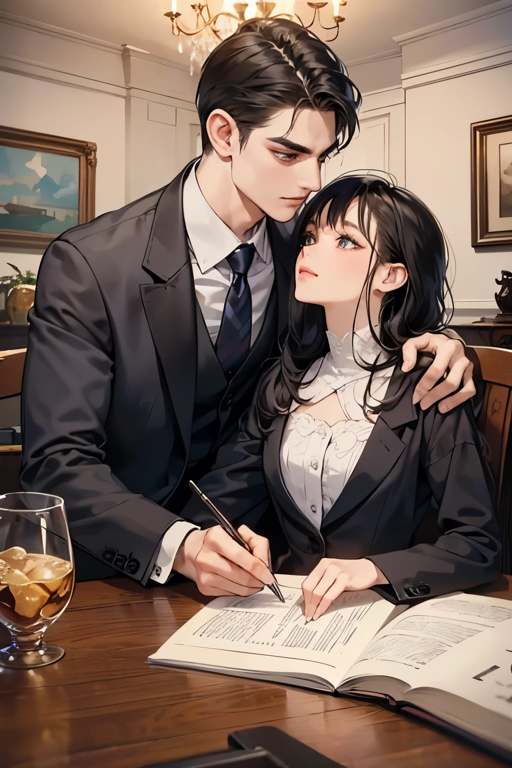 (table top, digital art, digital illustration, 4K, 8K, super detailed, beautiful images, clear image, realistic, RAW photo, perfect face, perfect lines, perfect eyes, soft lighting) 1 female, (long black hair,straight hair,Bullish gaze,beautiful woman,woman wearing a suit,solid makeup,23 year old female,small breasts:1.3),secretary, Two handsome men in suits, (human,Men in suits,muscular,Firm shoulder width, mens,boyish hairstyle,british gentleman&#39;s style,A man in his 30s with a cool expression,28-year-old man with bright smile:1.2),Office scene at night,Antique furnishings,Antique Clamps,Antique chair,chandelier,party、couple、couplekiss、Romance、kiss、Antique furnishings