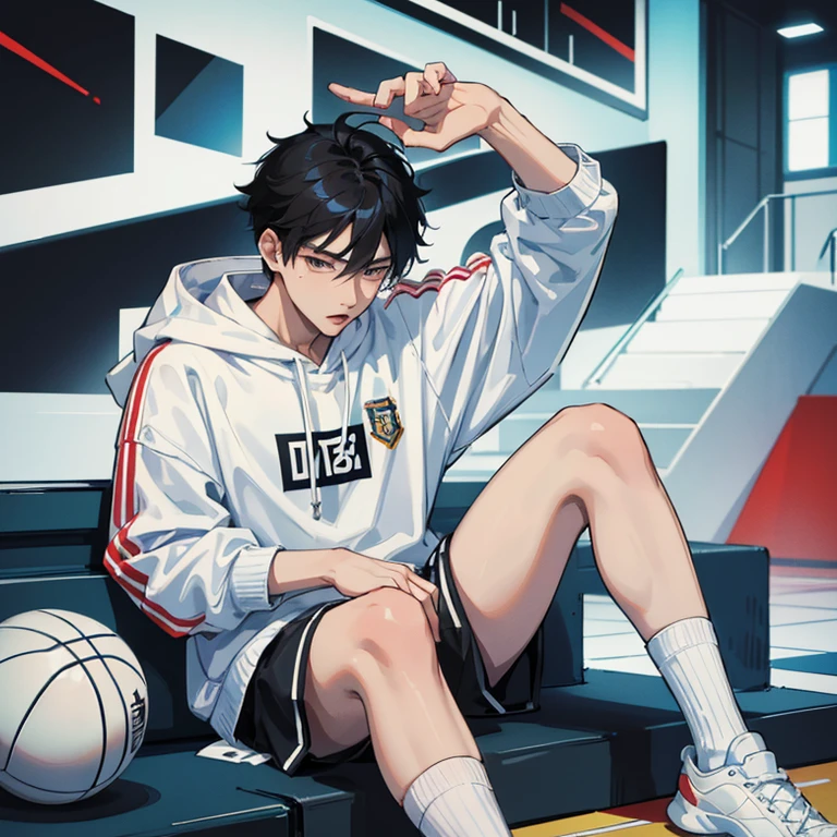 1 Korean young men,male,20 years old,High,Height 180 cm,Hair medium length,White sweatshirt,black shorts,white high top basketball shoes,White sport socks,Sit on the basketball court,Feet reach for the lens,Point to shoeadass anime 4k ,POV perspective,arrogant,contemptuous,looking into camera,