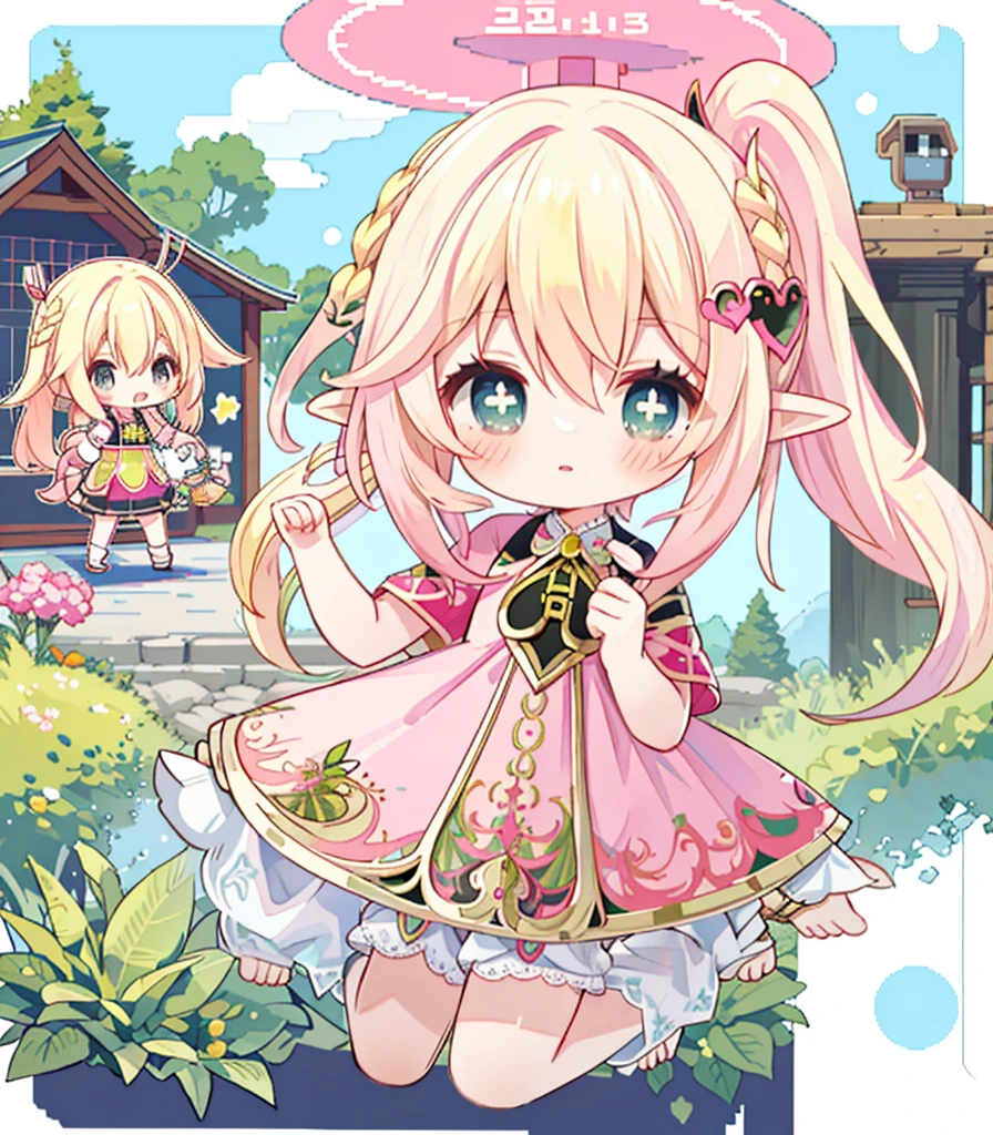 Anime girl, blonde hair, pink dress, bugle, pixel art, chibi 