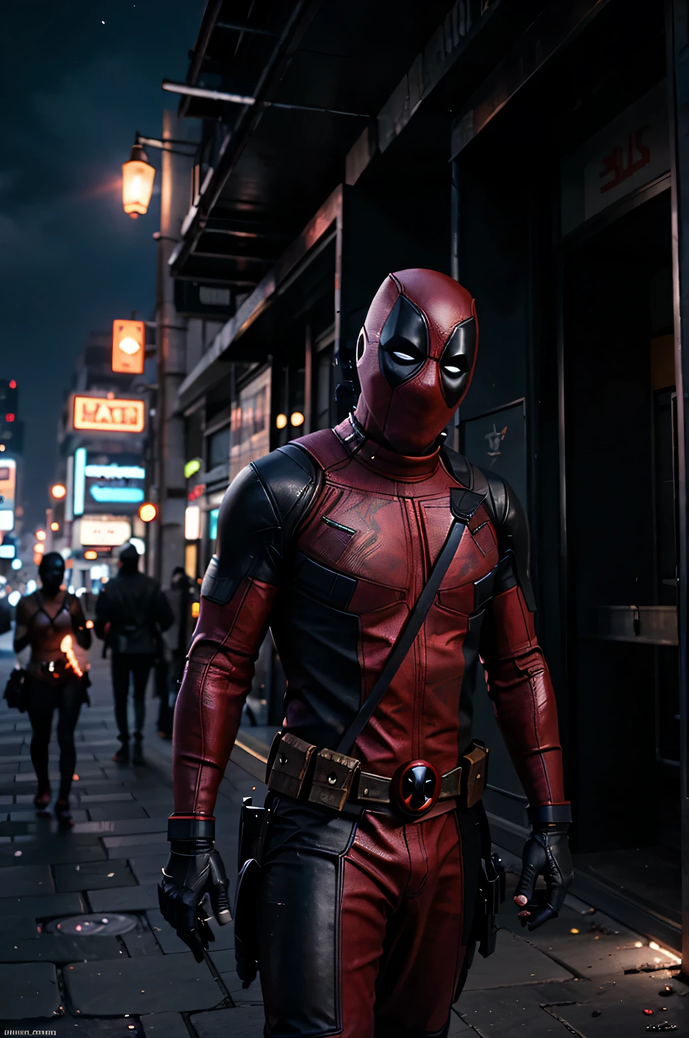 deadpool, cyberpunk, monk, chillin in the city, preying with mala, UHD wallpaper, glowing light eyes