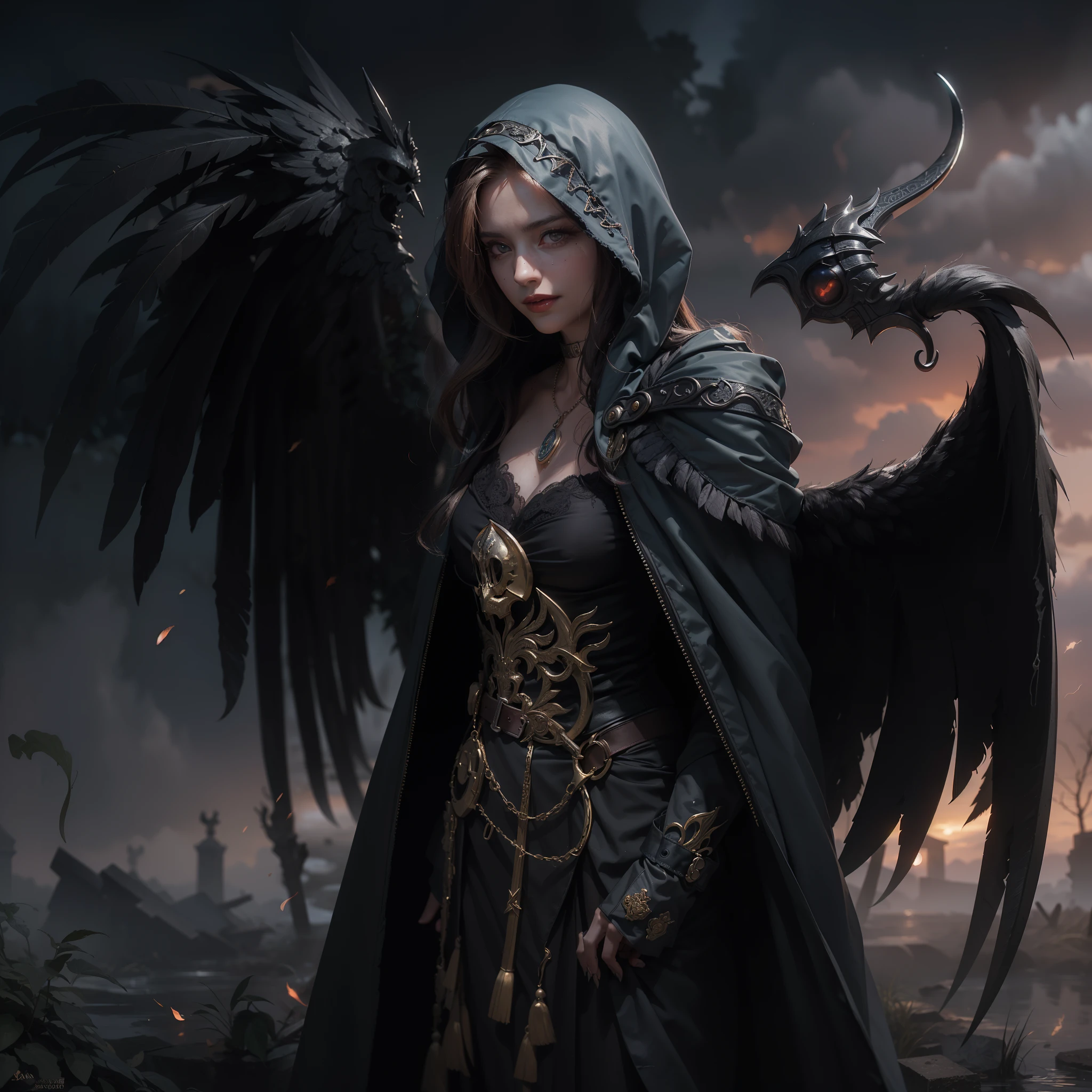 (Numerous award-winning masterpieces, with incredible detail, textures and maximum detail), (hyper realistic:1.4), (realistic:1.3), (best quality real texture skin), (finely detailed true circle eyes), (finely Detailed and beautiful face:1.6), ((medieval world)), (grim reaper:1.4), (icy look in the eye), (she has a nasty smile on her face but her eyes aren't smiling:1.3), (Full-length portrait:1.5), (It has a soul-reaping scythe in its hand:1.5), (Eyes that glow red in the dark), (Dramatic Light), (full-body standing image:1.5), (A majestic sight), Her countenance is gentle and beautiful, but somehow terrifying, (Large wings with ragged black feathers behind shoulders:1.3), (Wears a dark black hooded robe with intricate patterns:1.2), (A sack containing reaped souls with a faint glow:1.3), Folded wings, Earrings with a skull pattern, (Followed by a skeleton knight behind:1.1), (((dramatic photo))), (twilight), (sunset), (dusk), ((dramatic pose)), (flamboyant photo), (golden hair), (silver hair), (chestnut hair), ((looks up)), ((looking down)), (gives full-body standing image:1.5), (Around her neck is a simple necklace of exquisite workmanship), Forgotten Tomb Overgrown with Vegetation, Great Tomb, Underground Labyrinth, Evil Temple Ruins, Sacrificial Temple, Mysteriously, (Magic Circle of Ominous Shine:1.2), Ancient Castle Ruins, Deserted Graveyard Ruins, Crumbled Ancient Tomb, Stagnant Water Ancient Ruins, Swamp Ruins, wavelets, running water, Shining majestic cloud masses and sky, lightning bolt,
