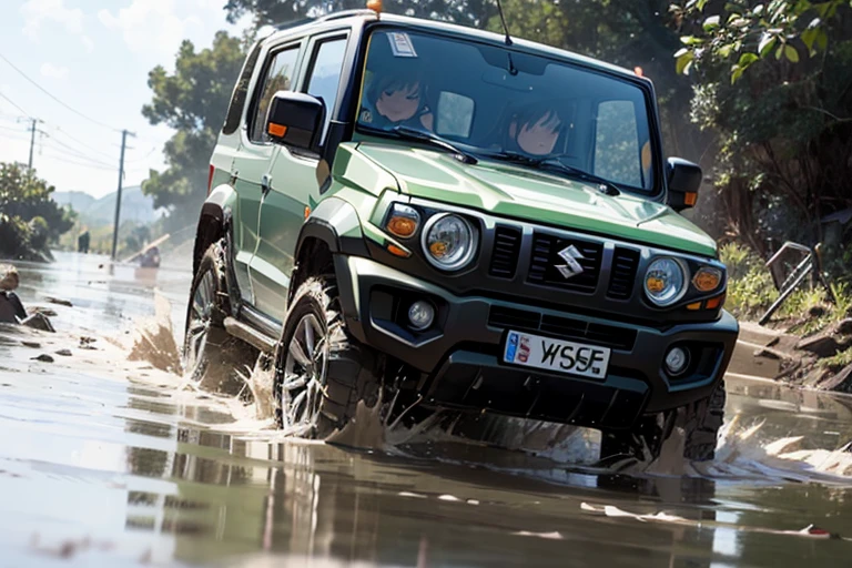 suzuki jimny, driving through deep mud, ((off road route, car submerged in mud)), mud spread