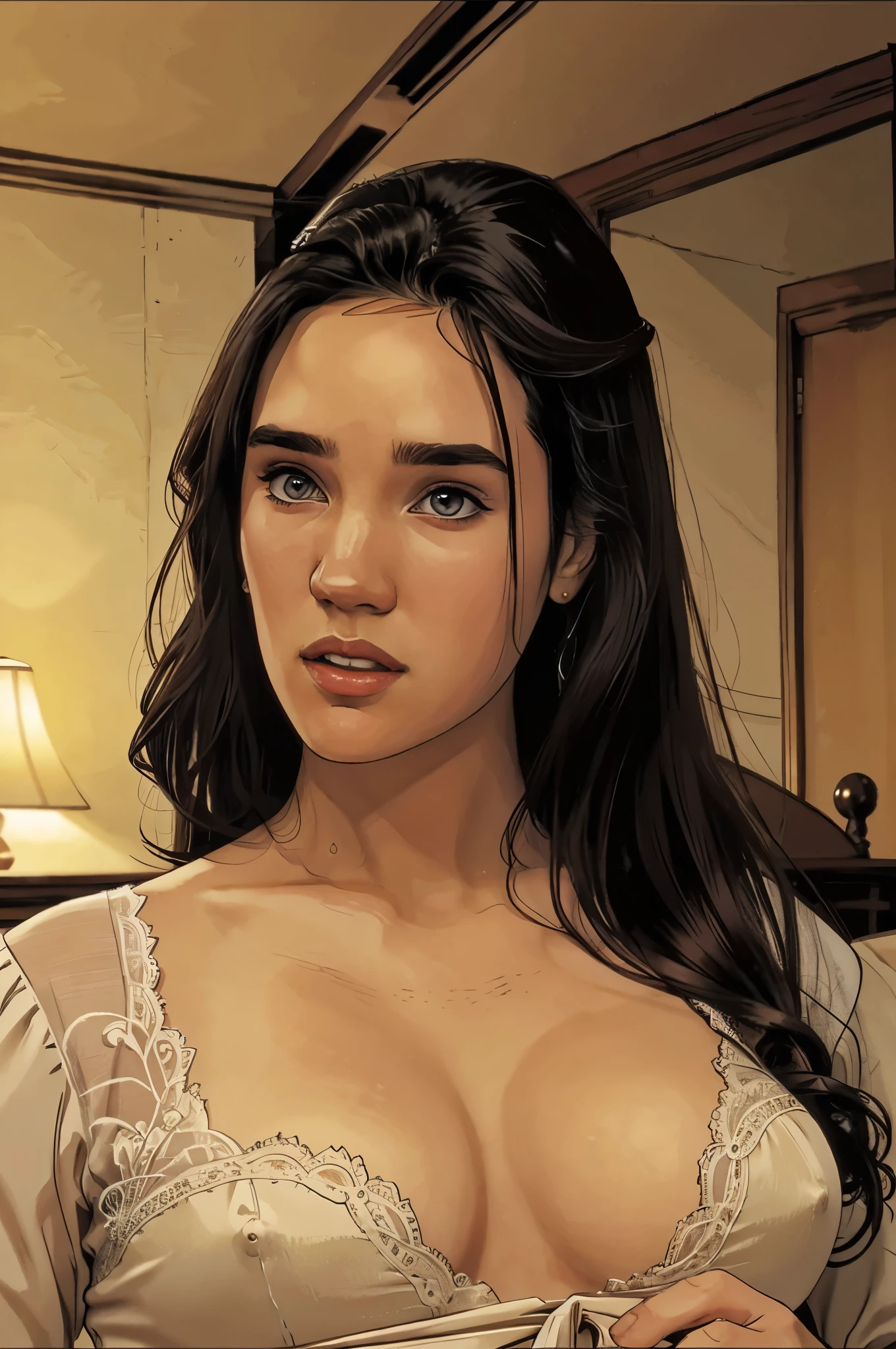 woman with her hand on her chin, jennifer connelly, 23 year old jennifer connelly, jennifer connelly as a stunning, queen ,face close up face .