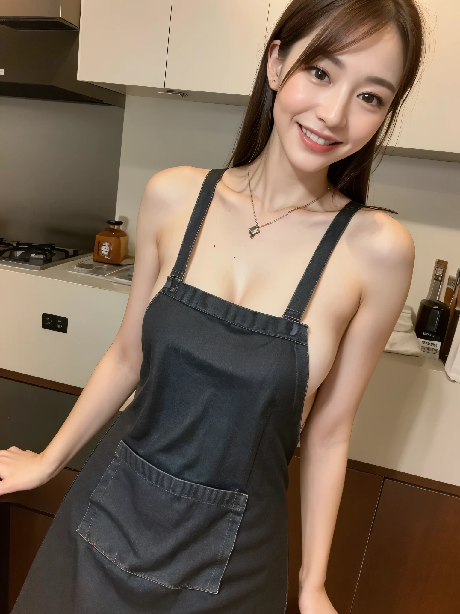 (Best quality, 8k, masterpiece: 1.3), a beautiful woman with perfect figure: 1.4, dark brown hair, wearing a pendant, wearing only an apron, in the kitchen, highly detailed face and skin, detailed eyes, double eyelids, big breasts, smile