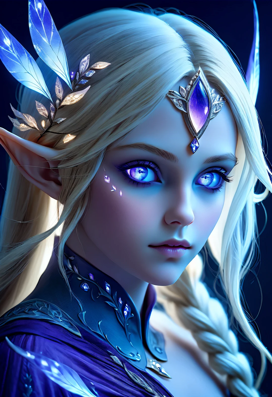 Charming closeup portrait of nordic elf, Blonde hair, blue eyes, Exceptionally beautiful, minimalist, eternal melancholy, Stylish photography style, Dramatic firefly light, purple to purple, Asymmetrical composition, concept fantasy, intricate details 