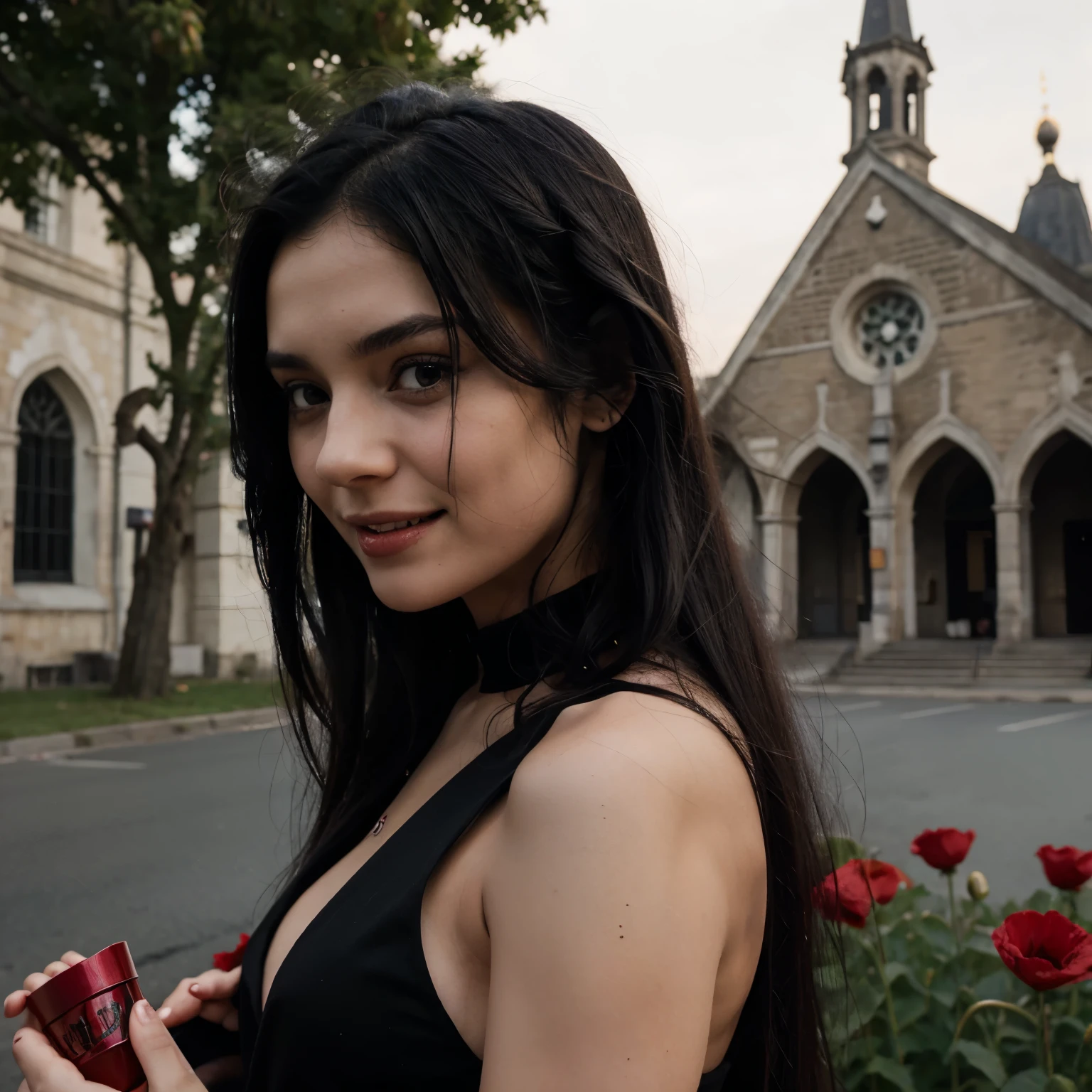 Demon's daughter, naked girl with black hair and fangs, in her hand there is a mutant child, near the church with a bouquet of poppies, next to her are believers and demons, Vampires, perfume, the girl looks at them and smiles with a snake tongue