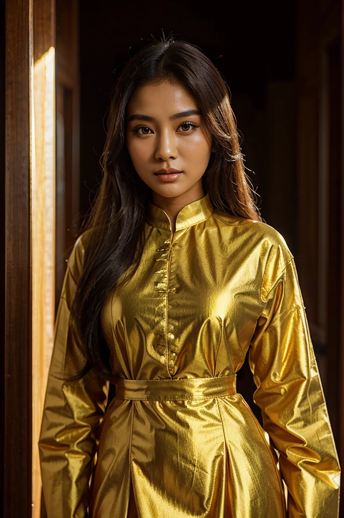 The Burmese model from Myanmar has long golden hair, a beautiful face, and is wearing a Burmese dress