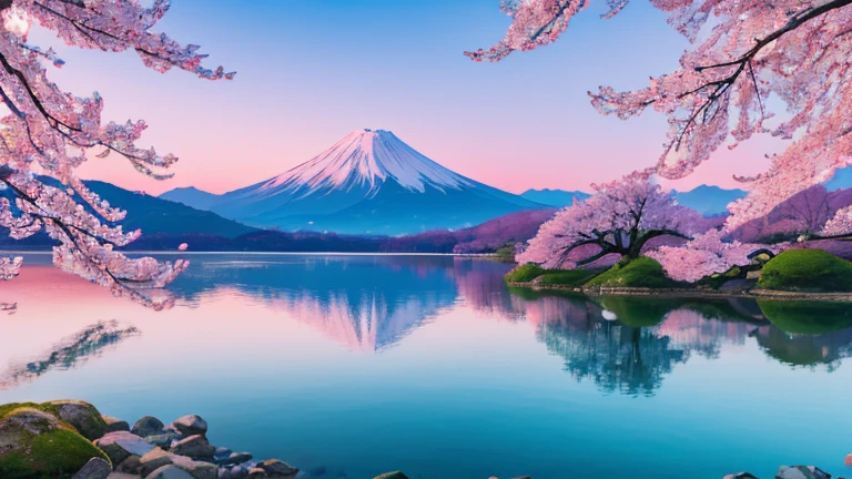 (best quality,highres),cherry blossoms,pink petals,majestic Mount Fuji,serene landscape,sakura trees,blooming flowers,tranquil atmosphere,scenic beauty,soft sunlight,delicate branches,evocative springtime,serenity and calmness,splendid view,distant mountains,towering peak,vivid colors,peaceful surroundings,harmonious composition,ethereal beauty,nature's masterpiece,sublime beauty,serene skies,subtle shades of pink,refreshing breeze,beautiful harmony,Wabi-Sabi aesthetics
