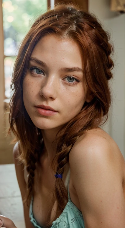 I want her to be around 19 years old, of average build but attractive, with red hair and natural-looking freckles scattered delicately across her body. Her eyes should have a natural green hue, with a Central European complexion. She's relatively petite, with a sweet face, enchanting gaze, and the photos should always be of average quality, as if taken by a teenager mainly using a phone (it's important that they always appear consistent), red hair, french braid, scar across eye, makeup, crazy, mouth hold, Eye-Level Shot, Fujifilm, cowboy shot