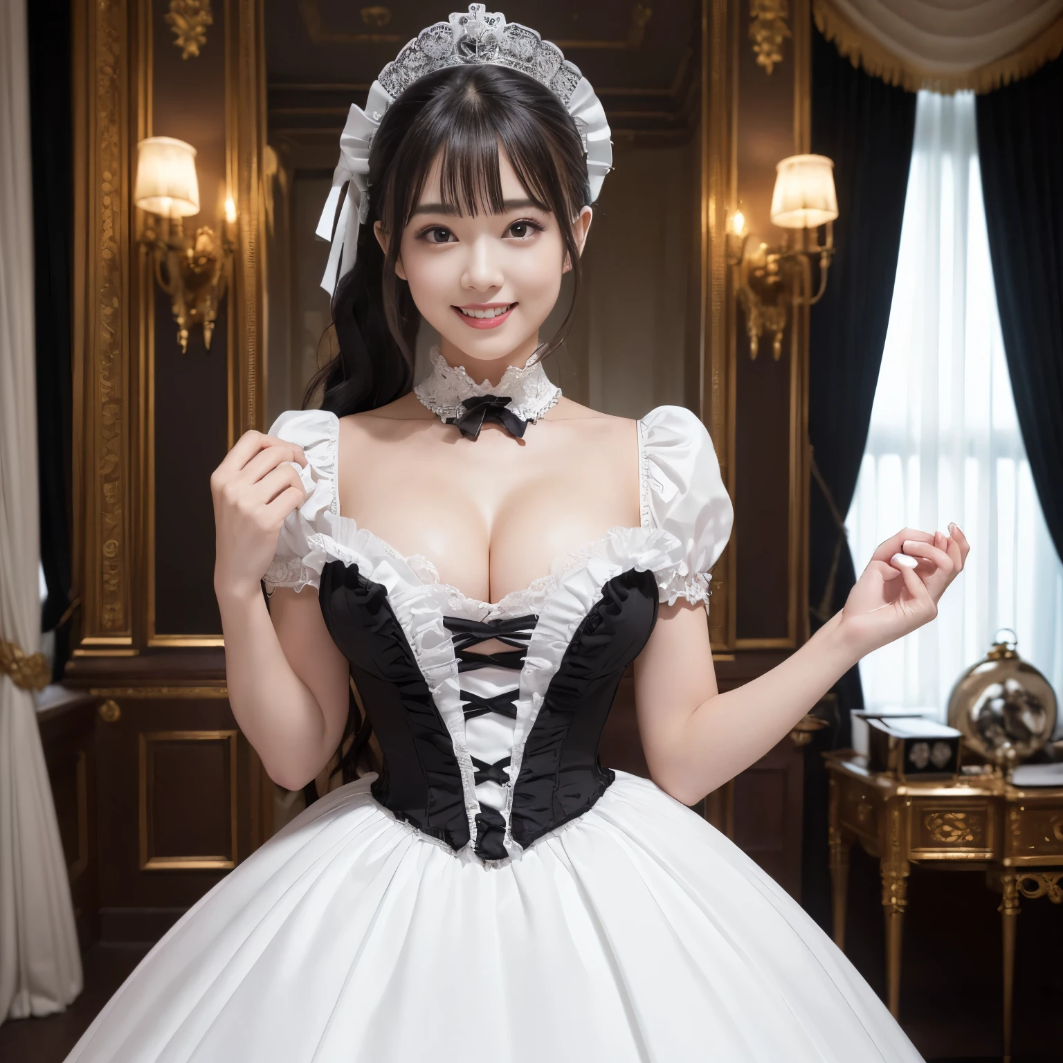 (((highest quality, debris flies, ultra high resolution、the most complex and detailed depiction、Awards, 8K、明るくBrilliantな)))、(1 Beautiful and finest royal court prostitute maid princess)、(accurate anatomy:1.3)、(ponytail:1.3)、(A very brightly lit prostitute maid princess:1.2)、(Most gorgeous victorian maid dress rack and luxurious long skirt white and black maid outfit、Finest giant black and white maid princess costume、Dress rack and white maid Dress rack and white maid Dress lil apron and black and white maid outfit)、((The background the most luxurious Victorian prostitute room、The finest rooms of the royal brothel、The royal palace's finest brothel、Brilliant、very moody lighting、so gorgeous、Luxury beyond imagination、prostitute'Bedroom decorated with many ornaments,、Very complex and detailed background、highly complex and detailed textures))、(look at me and smile、the happiest smile、emphasize body line、big and full breasts)