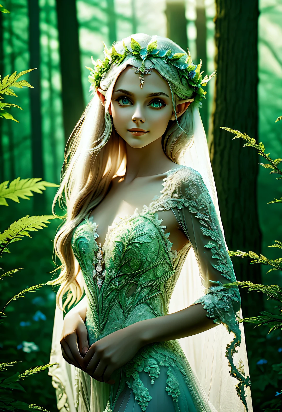 eye level view, portrait, young and beautiFul Nordic mythological elF, perFect Figure, radiant skin, expressive eyes, High cheekbones, Delicate nose, bright smile, Flowing hair, Wearing an exquisite lace wedding dress, standing in the Forest, Shot in advertising style, romantic wedding photography style, soFt natural light, shot on Canon AE-1 Film camera, with a lens oF 50mm, F/1.8, shallow depth oF Field, pastel color palette, Very detailed, 8k