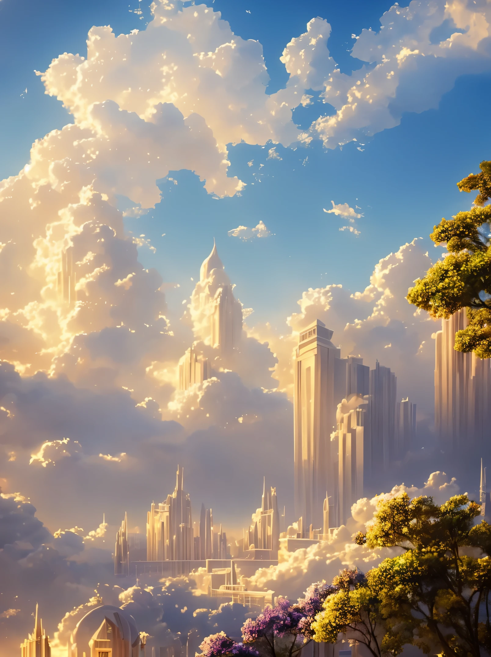 light colored sky, Cloud World, angels fly around, Majestic gates and pillars, sun and stars, in heaven, 
masterpiece, highest quality, super detailed, 
Sidon, Sidon Style
(realistic), very delicate and beautiful, Depth of bounds written, film grain, professional lighting, 
photon mapping, radio city, Physically based rendering,