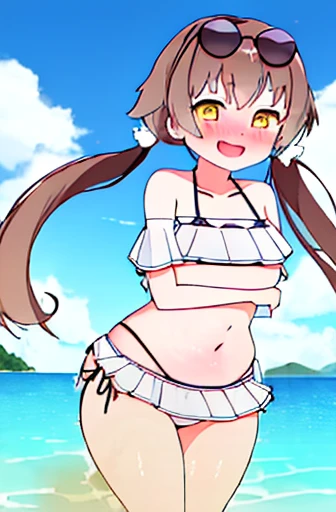 highest quality、masterpiece、high resolution、solo、{hifumi_bluearchive:1.15}、long hair、twin tails、ローtwin tails、yellow eyes、light brown hair、blush、open your mouth、bangs、smile、clavicle、1 girl、bikini、Day、wears glasses on head、frills付きbikini、frills、null、sunglasses、swimsuit、白bikini、cloud、belly button、outdoor、青null、Ocean、women stink、fart、embarrassing、My stomach is growling、Gas comes out of the butt、squat