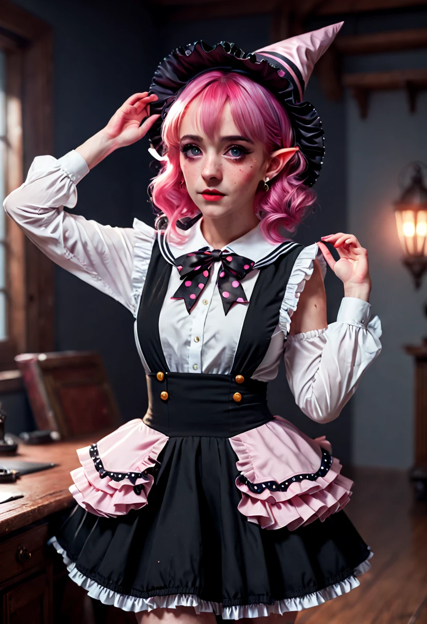 a Beautiful Elf, Pointy ears and charming eyes, witch hat, white shirt, pink hair, hair ornament, polka dot scrunchie, long sleeves, frilled skirt, striped bow, frills, sleeveless, polka dot, black headwear, hands up, pink bow, black skirt, hat bow, black sailor collar, Romance, film grain, RAW photo, Cinematic lighting, octane render, (best quality, masterpiece, Representative work, official art, Professional, 8k:1.3)