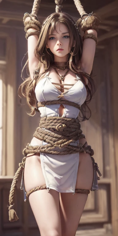 ((masterpiece)), ((highest quality)), (super detailed), NSFW, ((torture chamber)),(torture),(((A rope that ties the waist tightly))),(((Gourd blame))),pretty girl, 1 girl, alone, (white mini tank top dress),(The chained arms are bound、Can be hung from the ceiling),((thin waist)),((BDSM)),beautiful brown hair, beautiful blue eyes beautiful eyes), long hair,troubled expression