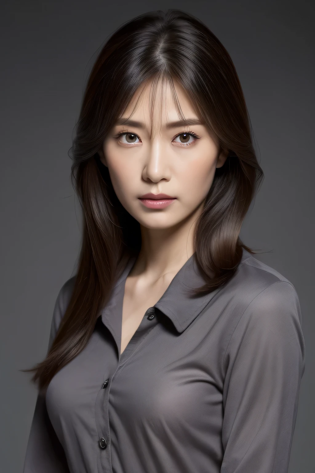 ultra high resolution, masterpiece, rough skin, very detailed, Photoreal, professional lighting, written boundary depth, sharp, 
gray background, (japanese mature, 8-year-old), women sexy, detailed face, beautiful eyes, bangs, well-shaped small breasts, light brown long straight hair, faint lips, ((stand in front、look at the audience, serious face eyes.)), buttoned shirt, skirt, full body photo, cowboy shot