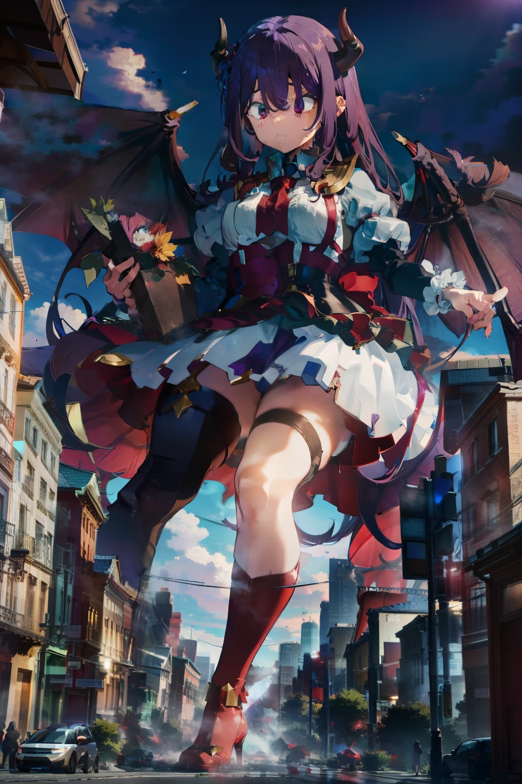 giant girl 50,000 feet high,, Have a pair of long legs,Possessing a pair of huge blood-red demon wings,And a pair of blood-red devil eyes,Has purple waist-length hair,Loose hair,Wearing a pair of high heels,Purple curly hair,A look of enjoyment,Standing tall in a small town crowded with people, destroying them wantonly,It seems like an invincible existence