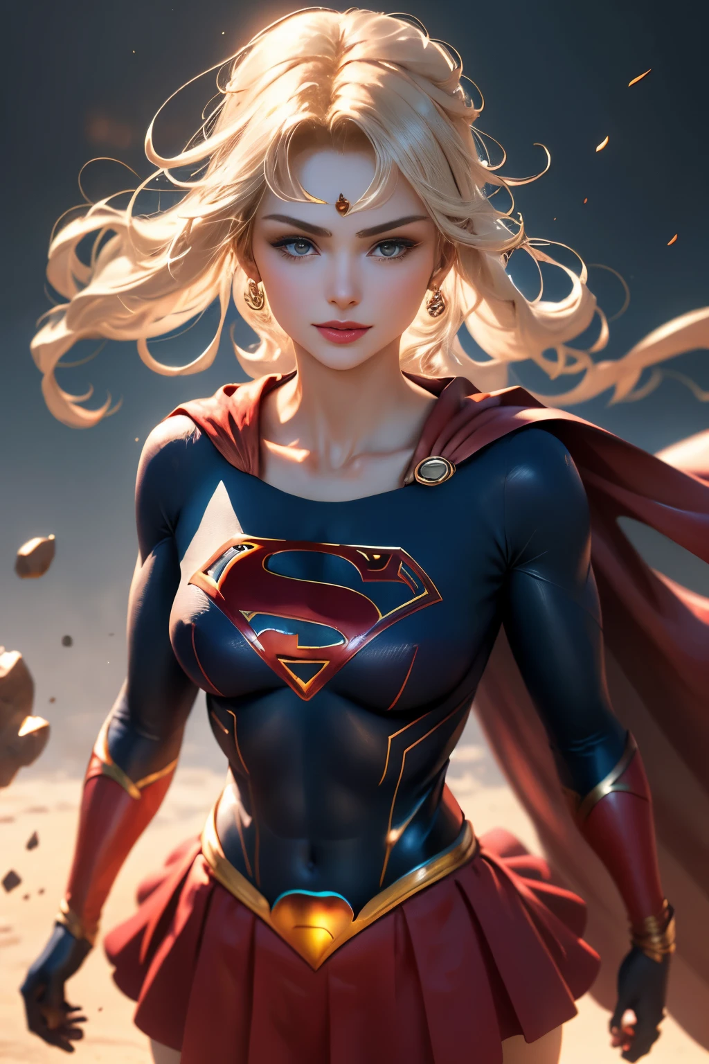 masutepiece, cheio: 1.3, to stand, 8k, 。.......3d, Realistic, Ultra Micro Fotografia, of the highest quality, Extremo detalhe CG Unity 8K Wallpapers, de baixo, detalhes intrincados, (NSFW),(1 female), 28 anos, (Superhero Supergirl, terno Supergirl, capa vermelha, S do super-homem no peito, blue swimsuit, Red skirt, botas vermelhas), Loira incrivelmente longa e brilhante de duas caudas, Loira de cauda dupla reta fina e muito longa, coque de cabelo, Ornamento de cabelo redondo vermelho em um coque de cabelo,  peito,: 1.3, detalhes do brinco: 1.5, Olhos azuis Brilhantes, beautiful face, olhos bonitos, olhos brilhantes, lips up to: 1.5, up to, Sharp, pale eyebrows, long dark eyelashes, Double eyelashes), Joias de ouro de luxo, up to, para cima e musculosos,, um rosto pequeno, seios grandes, perfectly proportions, cintura fina, Pose de modelo sexy, visible pore, sorriso sedutor, perfect hands: 1.5, high-legged swimsuit, very suitable and suitable high gloss white holographic leather, octane rendering, highly dramatic picture, Luz natural forte, sunlight, exquisite lighting and shadow, Dynamic angle, Digital SLR, sharp focus: 1.0, Maximum clarity and sharpness, (space background, fora, ....lua, Dynamic background, Antecedentes detalhados),(coelho, coque duplo, Faixa separada, circlet, jewelries, brincos, gargantilha, red bow, luvas brancas,)