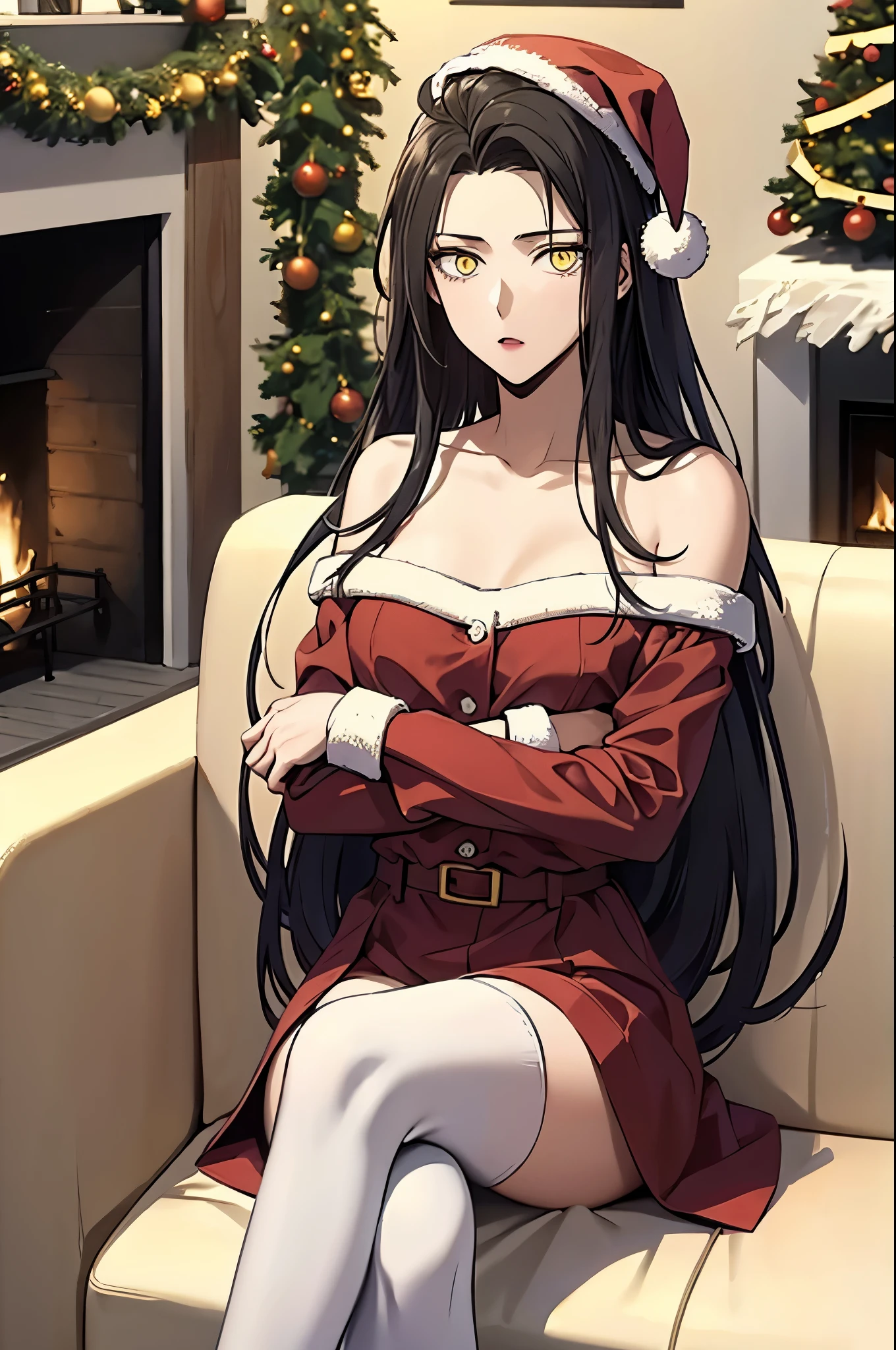 best quality, masterpiece, 1girl, christmas, santa outfit, santa hat, black hair, absurdly long hair, pale skin, yellow eyes, expressionless face, bokeh, flat chest, indoors, Christmas tree, fireplace, sofa, glow, sparkles, sitting, Christmas gifts, white stockings, crossed arms, dust particles, upset, from below, crossed legs, looking at viewer