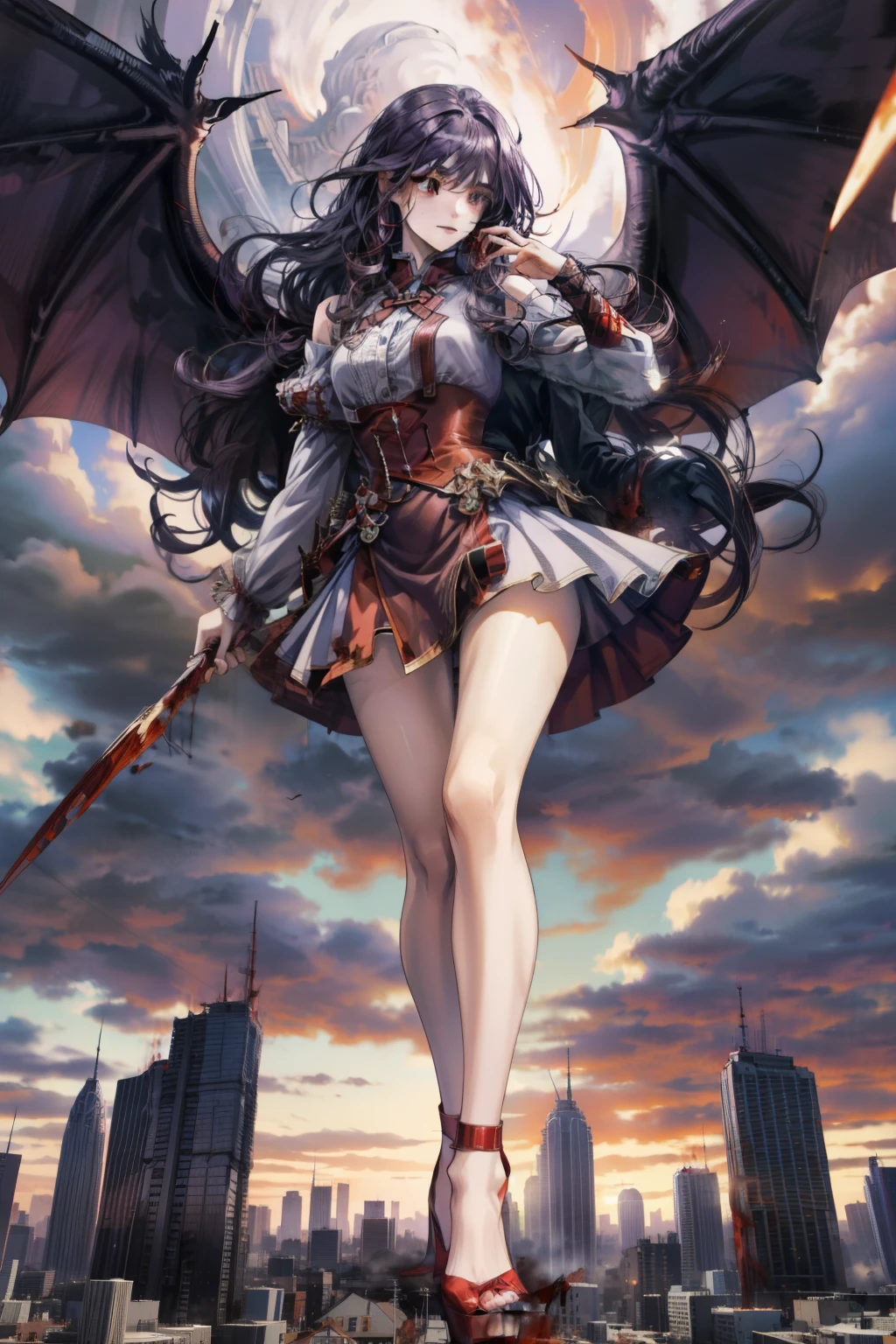 giant girl 50,000 feet high,， Have a pair of long legs，Possessing a pair of huge blood-red demon wings，And a pair of blood-red devil eyes，Has purple waist-length hair，Loose hair，Wearing a pair of high heels，Purple curly hair，A look of enjoyment，Standing tall in a small town crowded with people, destroying them wantonly，It seems like an invincible existence