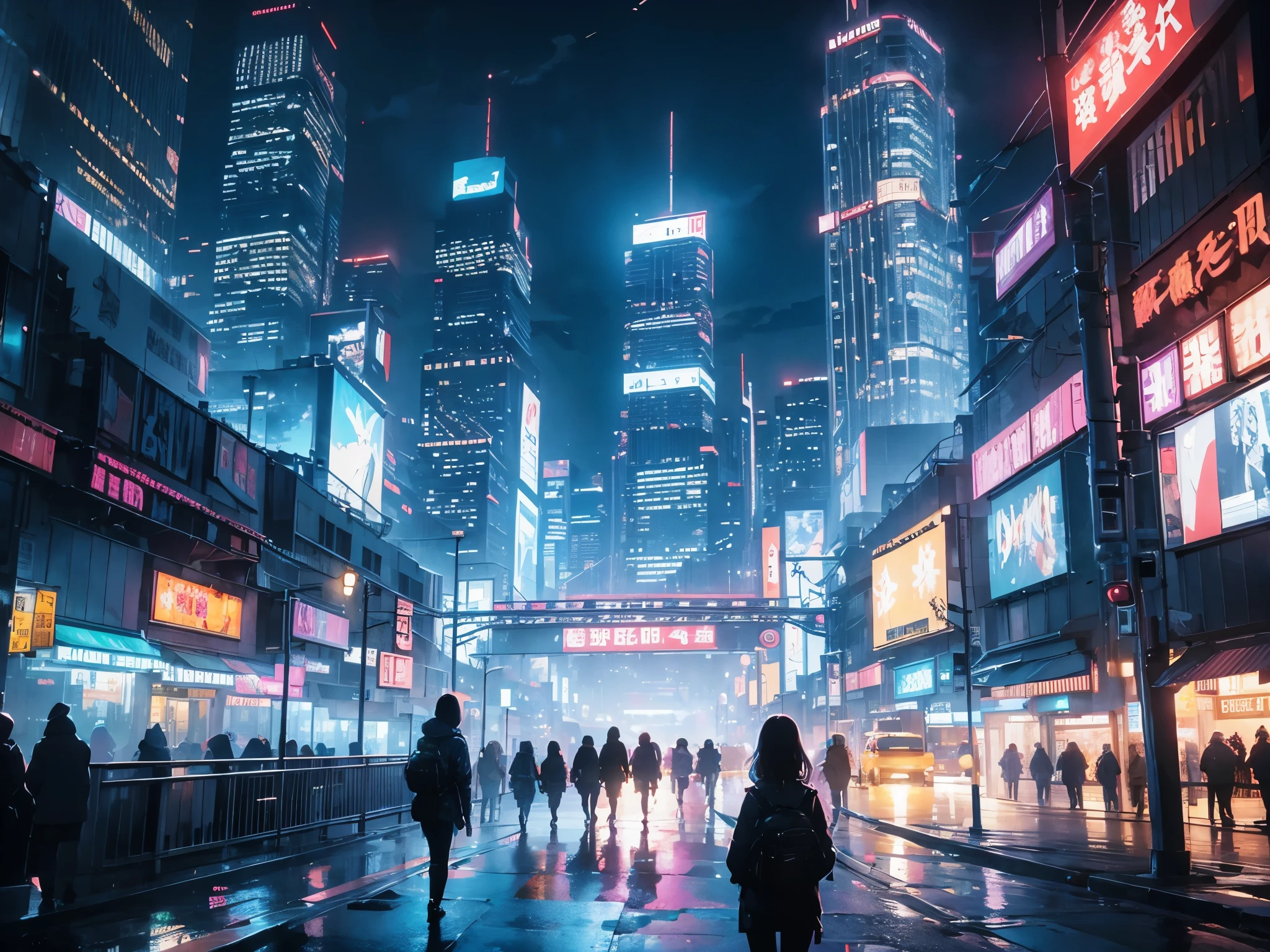 Complex building, neonly prism light, rich futuristic city, tons of massive building, dynamic angle, extremly detailed, night, cyberpunk, hologram, neon sign, ultra lens portrait, night city, movie texture scene, movie cinematic by Christoper Nolan, rain, dynamic lighning, dramatic lighning