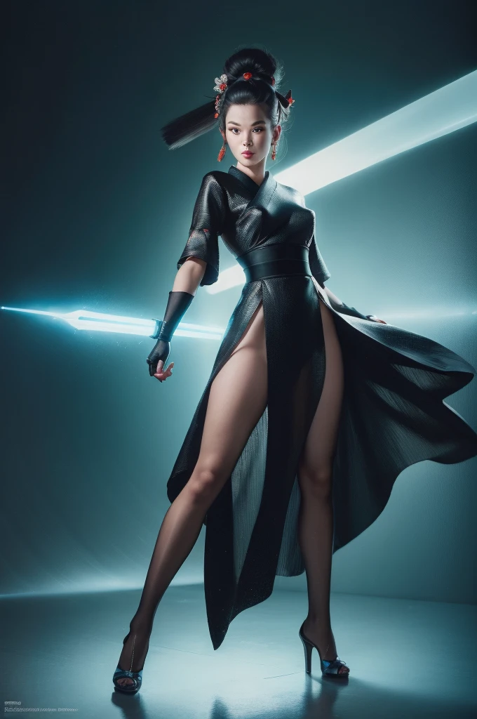full body photo of a female samurai, tron, Iris van Herpen, gorgeous, heavenly, glass, dynamic, reflections, depth of field, japanese aesthetic, ultra sharp to perfection, android wiring, extreme detail, 8K, hyper realistic, photorealistic, professional photography, vogue style magazine, extreme detail, hyper-realistic, professional photography, vogue style magazine, professional studio lighting, photograph by Tim Walker, ultra sharp to perfection, perfect focus, photograph taken with a Canon 5D Mark IV