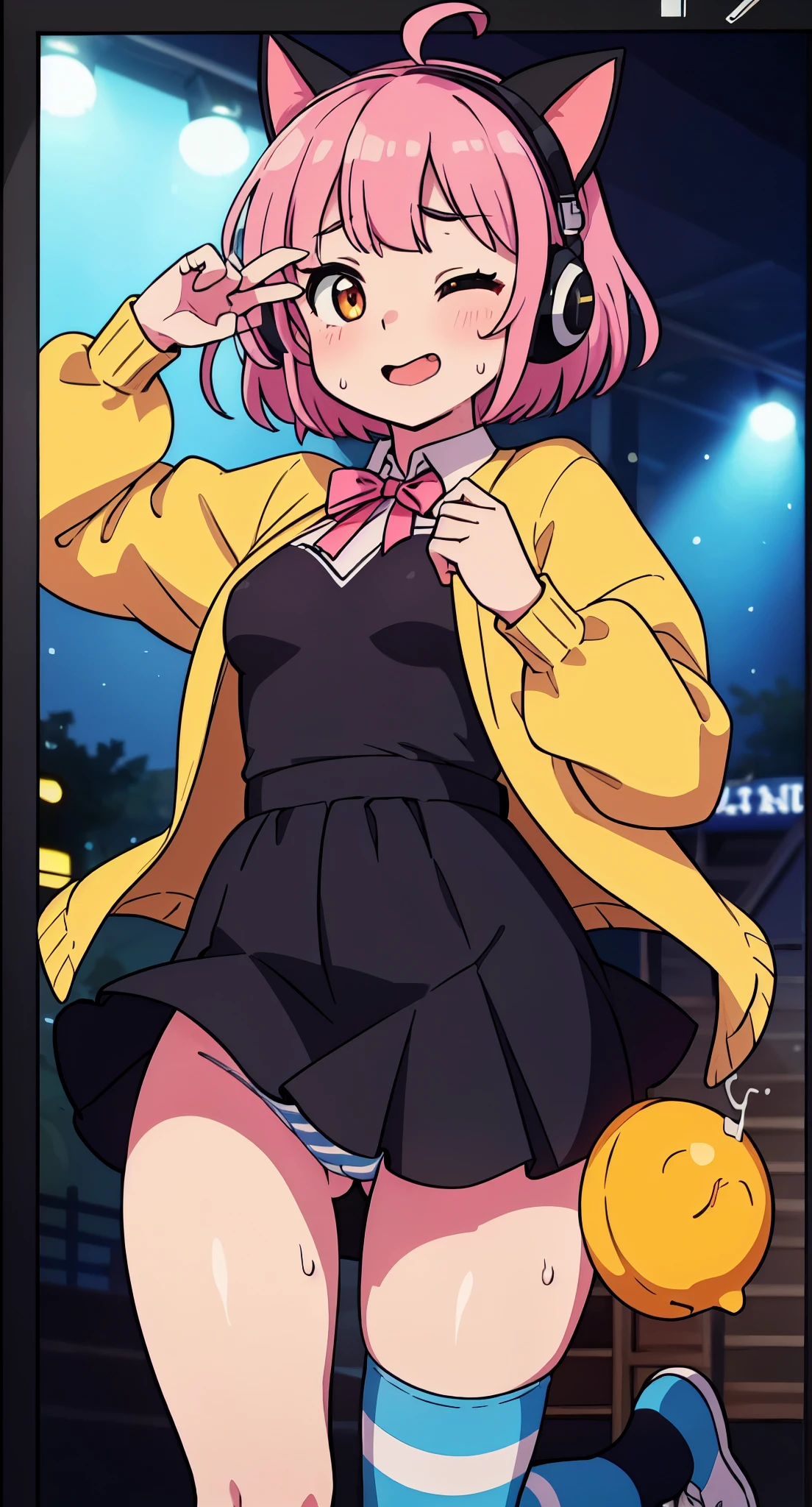 High quality、16 km race、anime screen capture、NSFW、Lori、low length、(((smaller breasts)))、(obesity)、(thick thighs)、(Pink hair)、(((Wavy Hair)))、Ahoge、(Barrette)、 (short hair)、bob cut、(dripping sweat)、:d、one eye closed、(((wavy mouth)))、(Mouth wide open)、((Orange eyes))、Yellow jacket、white shirt、Pink ribbon、yellow ruffle mini skirt、light blue striped knee socks、Light blue striped panties、yellow headphones、big ass、(cat pose)、(((embarrassing)))、idol costume、on the light up stage、Are standing