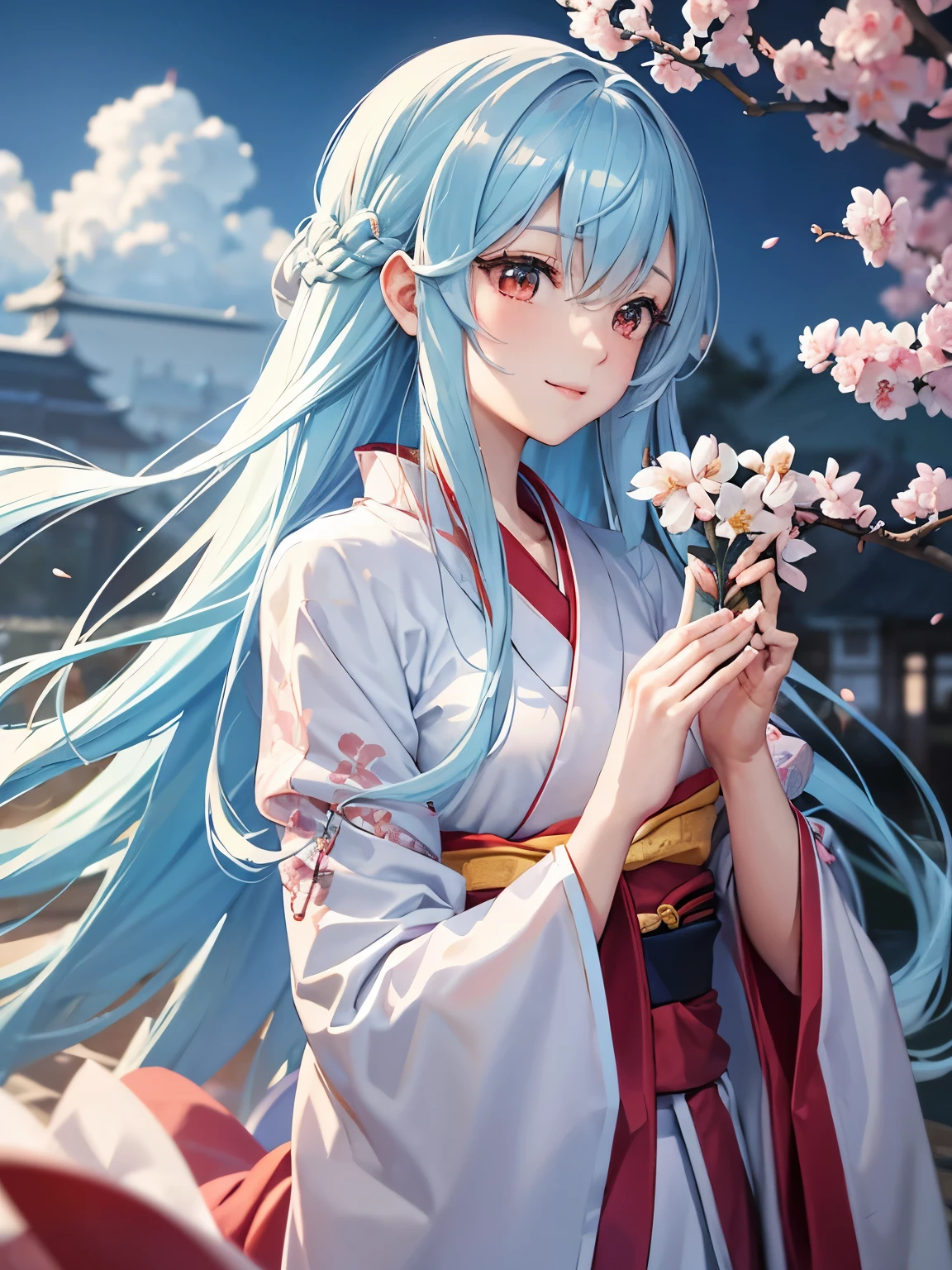 Light blue hair、long hair、red kimono、disorganized、Beautiful, delicate and detailed orange eyes、Beautiful smile with attention to detail、profile、Turn around、;D、Beautiful, delicate, flowing, fluffy hair、Beautiful delicate and detailed hands、very delicate and detailed fingers、close range、solo、Super beautiful illustration、cute and beautiful 、Edo Period、Castle town background in the daytime、Plum blossom