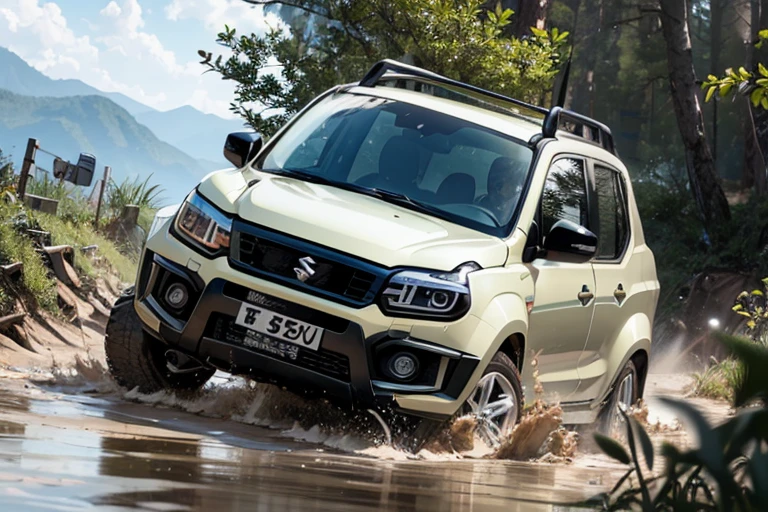 suzuki jimny, driving through deep mud, ((off road route, car submerged in mud)), mud spread