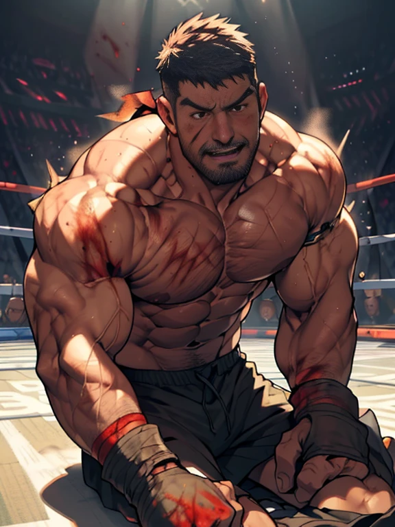 3D Photorealistic, Masterpiece realistic, best high quality, perfect details, RAW Photo, intricate details, nice lighting, 4K, detailed background, In the championship boxing match, A determined muscular boxing champion 45-year-old man, perfect wrinkle wearing pure white boxing trunk and red boxing gloves. wide abs (wide abs:1.4). His faces marked with grit and determination. Crowded audiences and nice lighting, nice face lighting, serving a boxing battleground. The banner signs overhead cast a surreal, flickering glow, adding to the atmosphere of raw energy. He looks firm in powerful boxing stances, as ready to start the fight in a next second. Unnoticed by the world beyond. It's a fight born of pride, rivalry, or perhaps a deeper conflict and pride, and it rages on with an intensity that can only be found in the unforgiving boxing stadium of the city. Intricate details, details of physic muscle, perfect , perfect hand . hot beard, (look at viewer:1.6), (straight face:1.2), view from bottom (view from bottom:1.3), mouth open (mouth open:1.6), destroyed (destroyed:1.8), exhausted (exhausted:1.9), dominated (dominated:1.8), bruiseruises:1.9), shirtless (shirtless:1.9), bodily fluid (bodily fluid:1.8), weaken body (weaken body:1.9), bruised body (bruised body:1.99), bruised abs (bruised abs:1.99), bloody abs (bloody abs:1.9), groaning, style rocky balboa vs clubber lang.