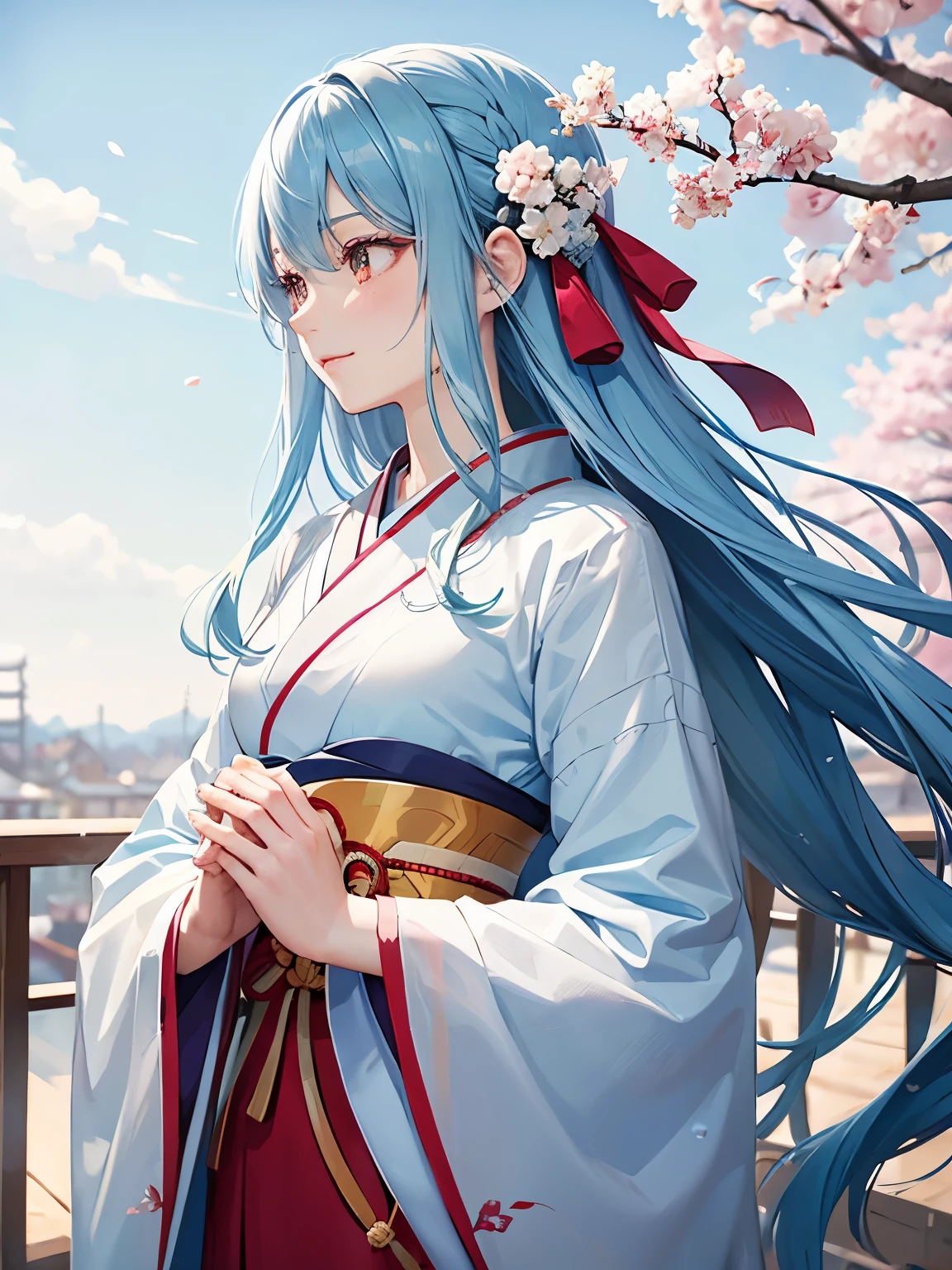 Light blue hair、long hair、red kimono、disorganized、Beautiful, delicate and detailed orange eyes、Beautiful smile with attention to detail、profile、Turn around、;D、Beautiful, delicate, flowing, fluffy hair、Beautiful delicate and detailed hands、very delicate and detailed fingers、close range、solo、Super beautiful illustration、cute and beautiful 、Edo Period、Castle town background in the daytime、Plum blossom