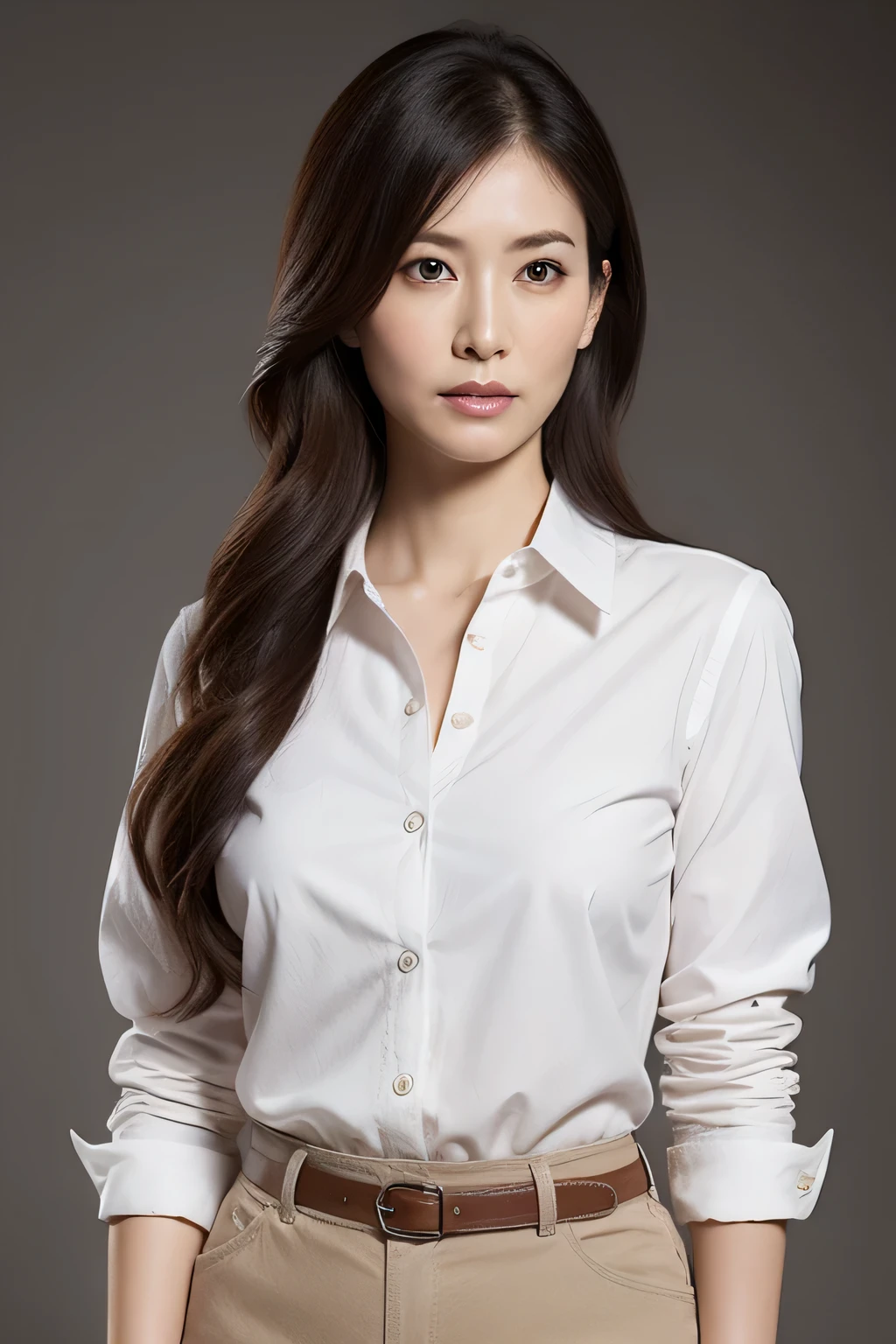 ultra high resolution, masterpiece, rough skin, very detailed, Photoreal, professional lighting, written boundary depth, sharp,
gray background, (japanese mature, 6 ), women sexy, detailed face, beautiful eyes, bangs, well-shaped small breasts, light brown long straight hair, faint lips, ((stand in front、look at the audience, serious face eyes.)), buttoned shirt, skirt, full body photo, cowboy shot