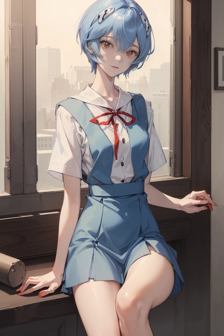 reiayanami, rei ayanami,naked体,exposed nipples,full nude,All nude,whole body,Tattered school uniform,spread your legs and expose your crotch, blue hair, short hair, (red eyes:1.5),small breasts,small breasts,underwear exposed,Torn school uniform, short sleeve, short-sleeved skirt torn to shreds,naked,nakedで服を広げる