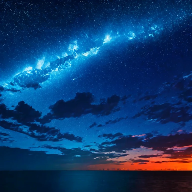 Neon Light Art, en la oscuridad de la noche, Ocean illuminated by the moon, Nubes, Luna, estrellas, vistoso, detallado, 4k