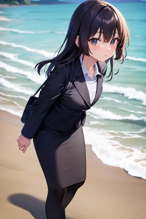 1girl, ikuyo kita, beach background, beach, suit, office lady, black skirt, black blazer, pencil skirt, skirt suit, medium length skirt, white shirt, collared shirt, long hair, teenager, looking at viewer, full body