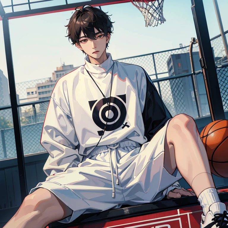 1 Korean young men，male，20 years old，High，Height 180 cm，Hair  medium length，White sweatshirt，black long pants，White high top basketball shoes，White sport socks，Sit on the basketball court，Feet reach for the lenadass anime 4k ，POV perspective，arrogant，contemptuous，looking into camera，