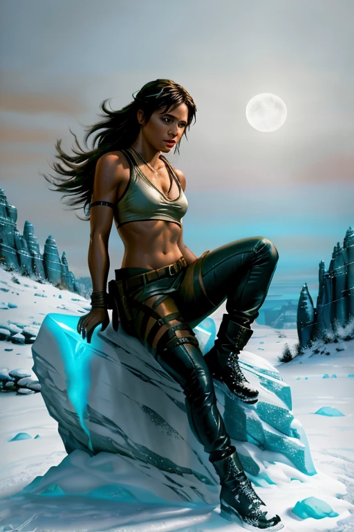 "Lara croft the tomb rider sitting on a rock formation, rock formation is a 3D popup text "TOMB RIDER" made of rocks, snowy winters in a moonlit night, in style of artist Eli McMullen, 2022, oil on acrylic, gouache on board, and Josh Adamski, muted soft pastel earthly colours